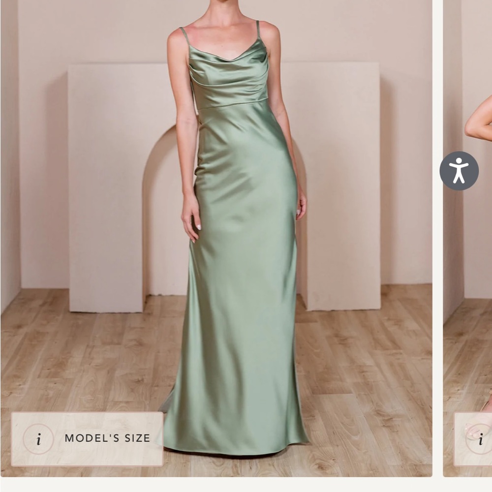 Revelry skye satin bridesmaid dress. Silver sage color. Never worn.